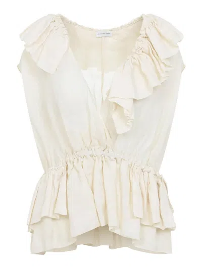 Dries Van Noten Sleeveless Top Elastic Waist Ruffled Neckline In White