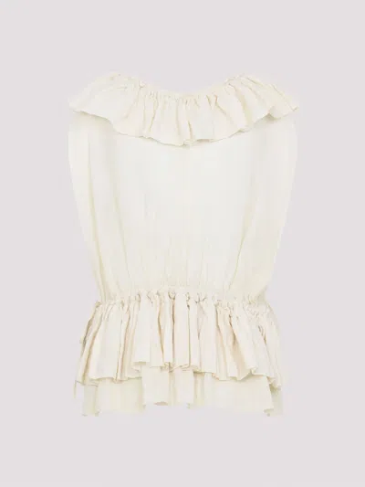 Dries Van Noten Sleeveless Top Elastic Waist Ruffled Neckline In White
