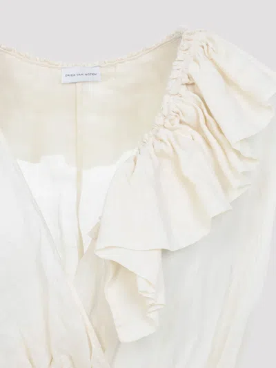Dries Van Noten Sleeveless Top Elastic Waist Ruffled Neckline In White
