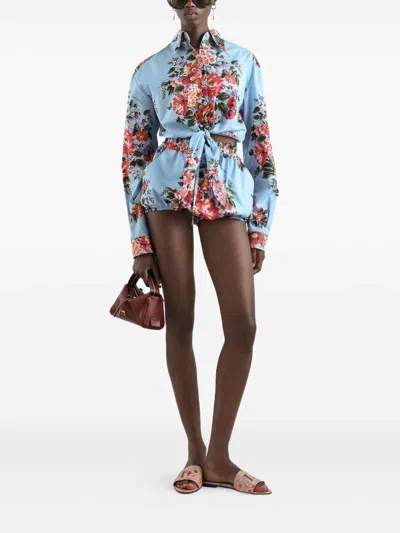 Dolce & Gabbana Floral Shirt Collared Neck Long Sleeves Tie Front In Blue