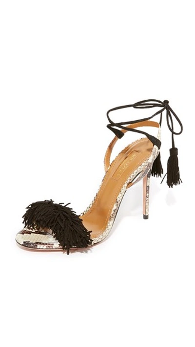 Aquazzura Wild Thing Snakeskin Fringed Sandals In Neutrals