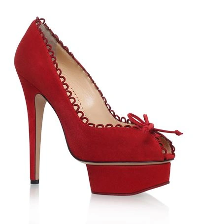Charlotte Olympia Daphne Scalloped Suede Platform Pumps In Real Red