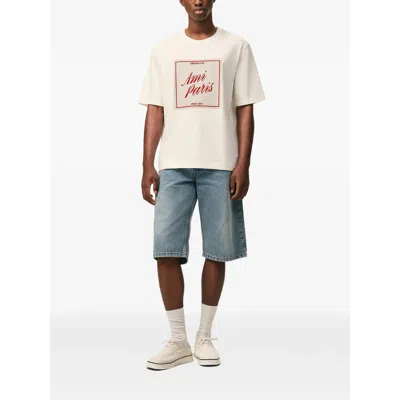 Ami Alexandre Mattiussi Boxy Fit Short Sleeves Teehisrt With Signature Print At Front In Neutral