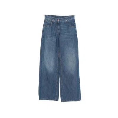 Brunello Cucinelli Women Blue Jeans With Five-pocket Design And Patch Logo On The Back In Denim Woma In Blue