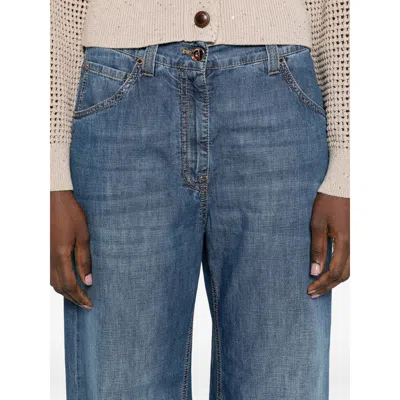 Brunello Cucinelli Women Blue Jeans With Five-pocket Design And Patch Logo On The Back In Denim Woma In Blue