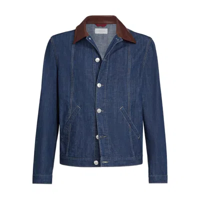 Brunello Cucinelli Men Lightweight Denim Jacket With Leather Collar In Animal Print