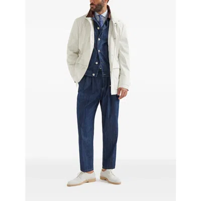 Brunello Cucinelli Men Lightweight Denim Jacket With Leather Collar In Animal Print