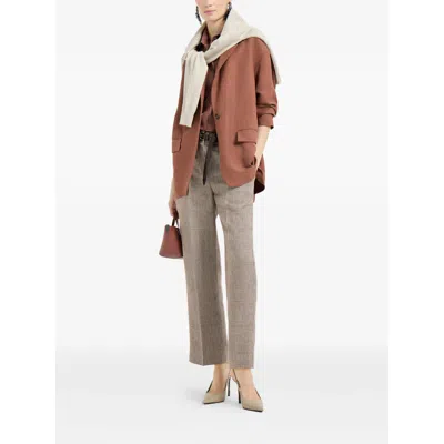 Brunello Cucinelli Women Fluid Viscose And Linen Twill Jacket With Jewellery In Brown