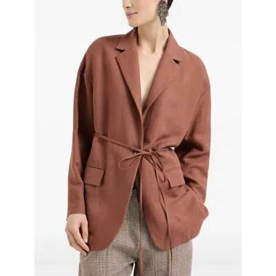 Brunello Cucinelli Women Fluid Viscose And Linen Twill Jacket With Jewellery In Brown