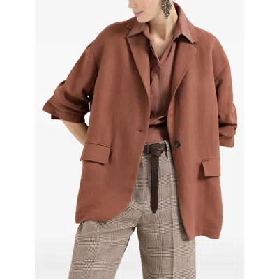 Brunello Cucinelli Women Fluid Viscose And Linen Twill Jacket With Jewellery In Brown