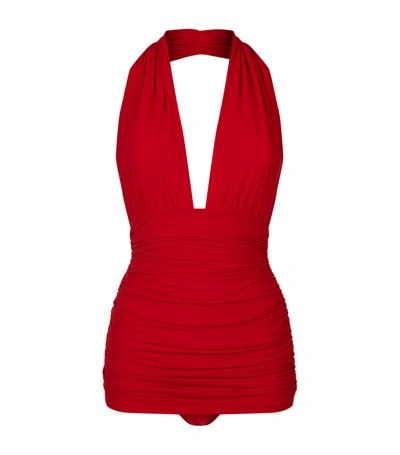Norma Kamali Bill Ruched Halterneck Swimsuit In Red