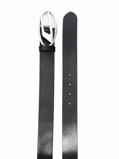 Diesel Black Leather Belt With Polished Oval Buckle