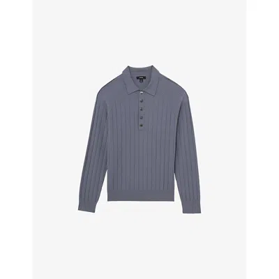 Reiss Steel Blue Dillingham Wide-ribbed Half-button Polo Jumper