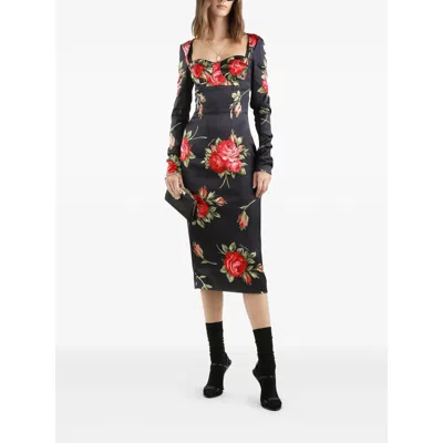 Dolce & Gabbana Rose-print Satin Long-sleeve Midi Dress In Black