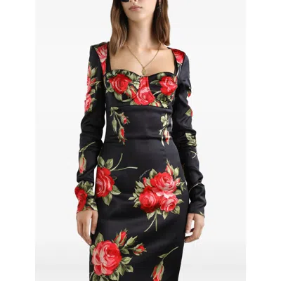 Dolce & Gabbana Rose-print Satin Long-sleeve Midi Dress In Black