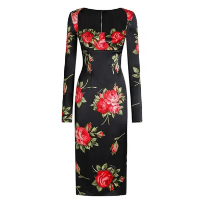 Dolce & Gabbana Rose-print Satin Long-sleeve Midi Dress In Black