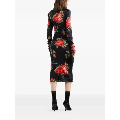 Dolce & Gabbana Rose-print Satin Long-sleeve Midi Dress In Black