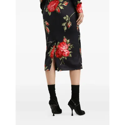 Dolce & Gabbana Rose-print Satin Long-sleeve Midi Dress In Black