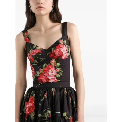 Dolce & Gabbana Top Nero In Seta Con Stampa Floreale Dolce E Gabbana In Black
