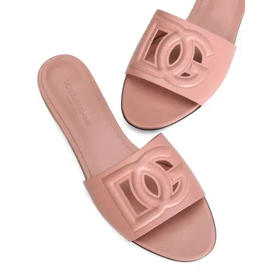 Dolce & Gabbana Women Pink Slide Sandals With Cut Out Logo In Leather Woman