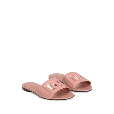 Dolce & Gabbana Women Pink Slide Sandals With Cut Out Logo In Leather Woman