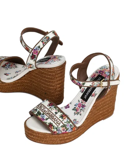 Dolce & Gabbana Leather-trimmed Embroidered Canvas Platform Wedge Sandals In Brown