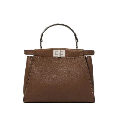 Fendi Mini Peekaboo Leather Tote Bag In Brown