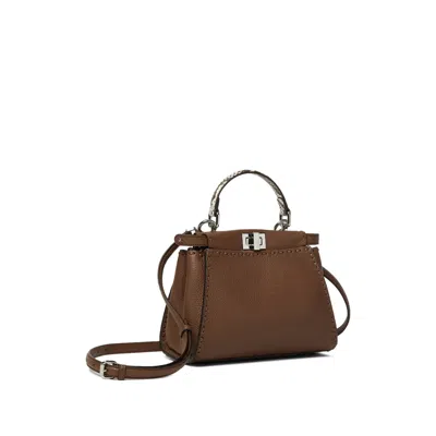 Fendi Mini Peekaboo Leather Tote Bag In Brown