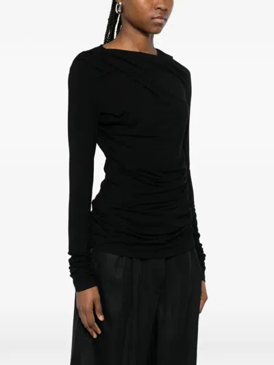 Entire Studios Draped Detail Long Sleeve Round Neck Top In Black