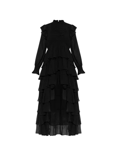 Allsaints Leila Layered Ruffle Long Sleeve High-low Maxi Dress In Black