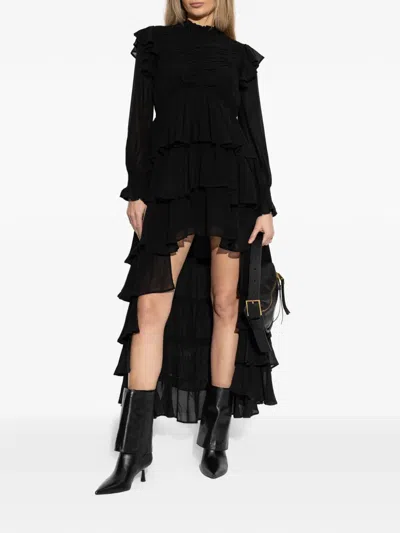 Allsaints Leila Layered Ruffle Long Sleeve High-low Maxi Dress In Black