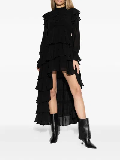 Allsaints Leila Layered Ruffle Long Sleeve High-low Maxi Dress In Black