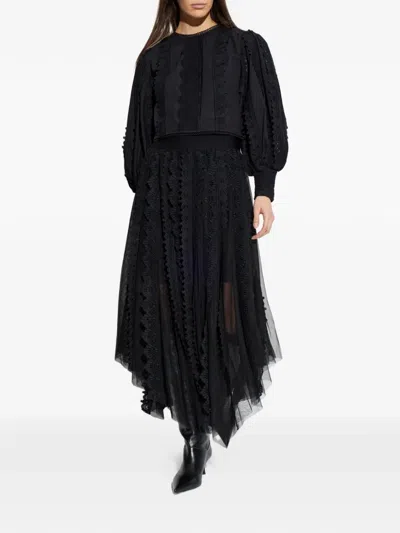 Allsaints Hart Lace Embroidered Bishop Sleeve Top In Black