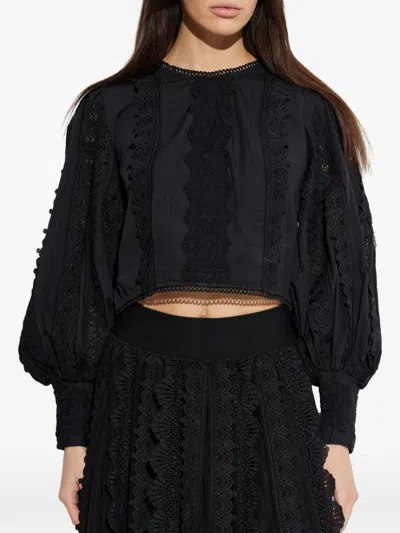Allsaints Hart Lace Embroidered Bishop Sleeve Top In Black
