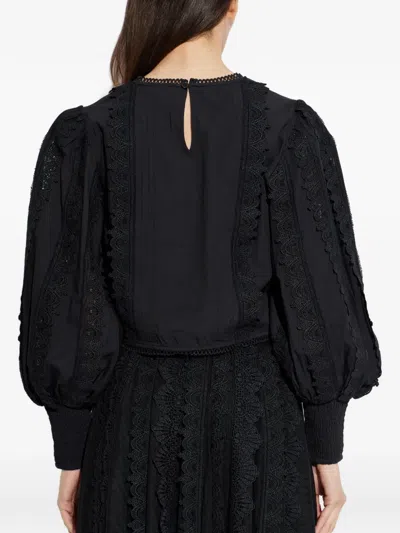 Allsaints Hart Lace Embroidered Bishop Sleeve Top In Black