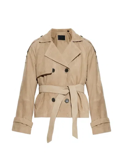 Allsaints Reed Short Belted Suede Trench Coat In Brown