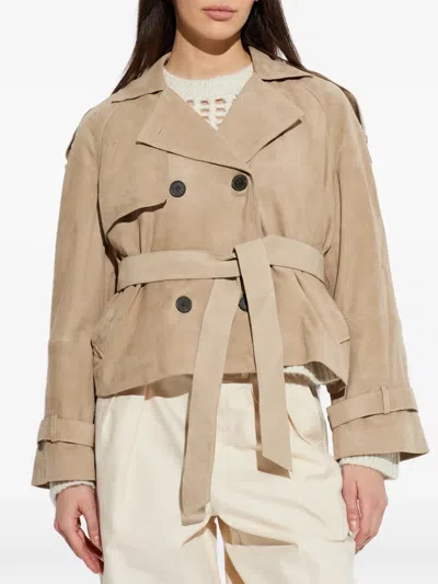 Allsaints Reed Short Belted Suede Trench Coat In Brown