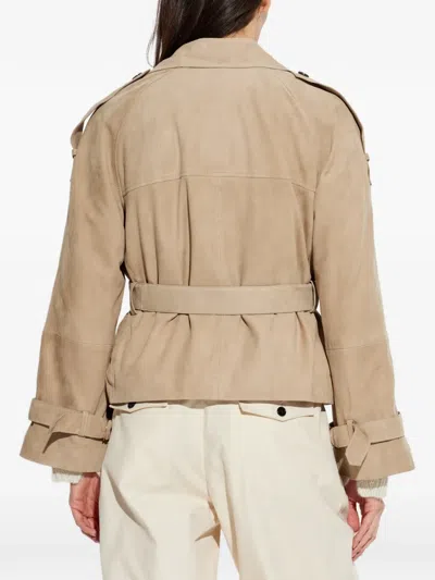 Allsaints Reed Short Belted Suede Trench Coat In Brown