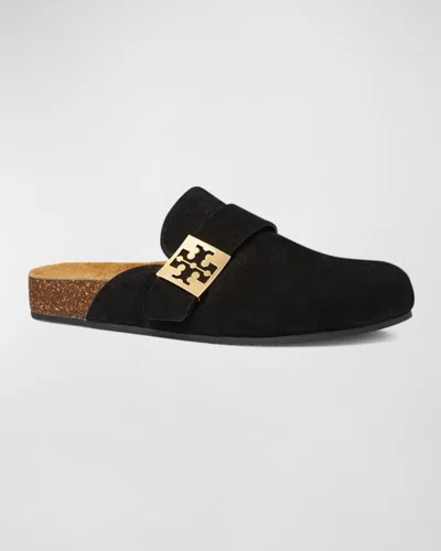 Tory Burch Mellow Black Slip-on Mule With Metallic Logo Buckle In Suede Woman