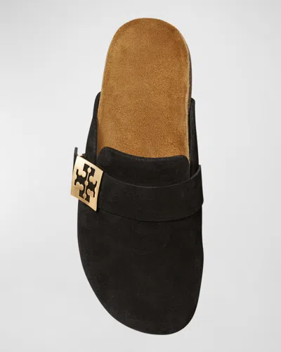 Tory Burch Mellow Black Slip-on Mule With Metallic Logo Buckle In Suede Woman