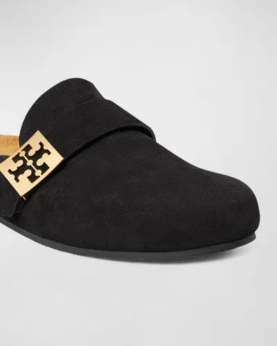 Tory Burch Mellow Black Slip-on Mule With Metallic Logo Buckle In Suede Woman