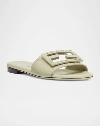 Fendi Leather Slippers Flat Sole Open Toe Studded Detail In Neutral
