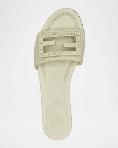 Fendi Leather Slippers Flat Sole Open Toe Studded Detail In Neutral