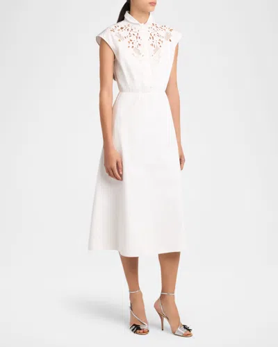 Valentino Broderie Anglaise-trimmed Cotton-poplin Midi Dress In White