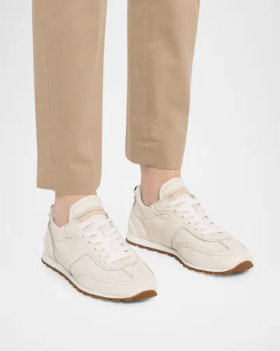 Brunello Cucinelli Grained Soft Leather Runners With Shiny Loops Shoes In White