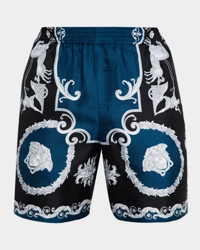 Versace Baroque-printed Silk-nylon Shorts With Elastic Waistband In Blue