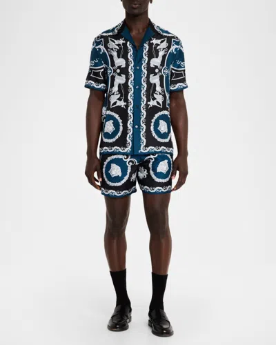 Versace Baroque-printed Silk-nylon Shorts With Elastic Waistband In Blue