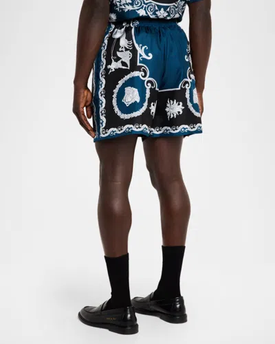 Versace Baroque-printed Silk-nylon Shorts With Elastic Waistband In Blue