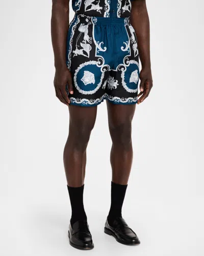 Versace Baroque-printed Silk-nylon Shorts With Elastic Waistband In Blue