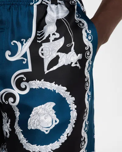 Versace Baroque-printed Silk-nylon Shorts With Elastic Waistband In Blue
